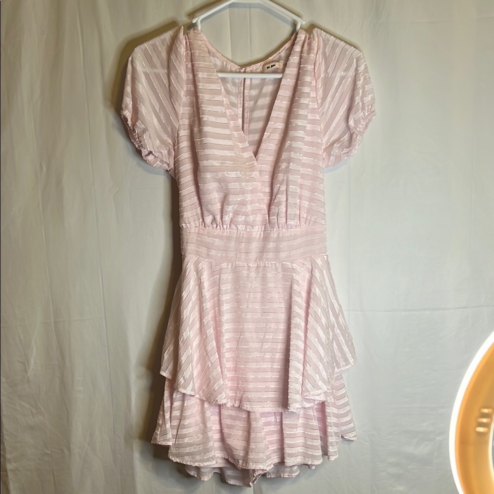 Pink and White Striped Romper with Puff Sleeve and Scoop Neck Preowned
